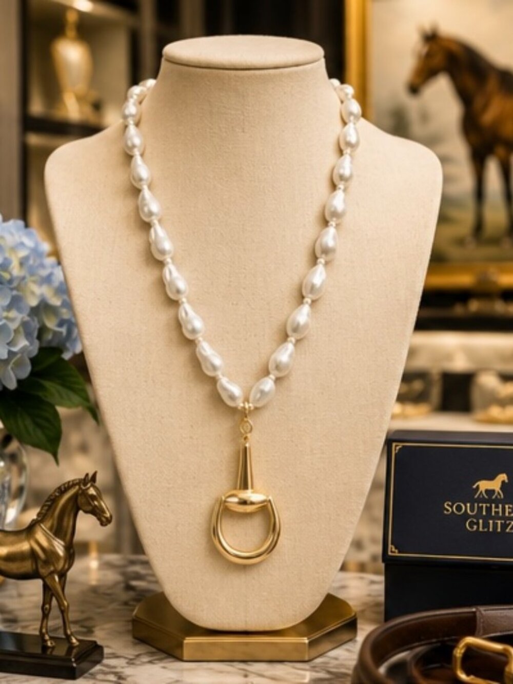 Equestrian Pearl Necklace with Gold Stirrup Pendant | Horse Lover Jewelry